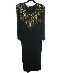 Lawrence Kazar Vintage Black Gold Silk Beaded Sequined Gown Size M